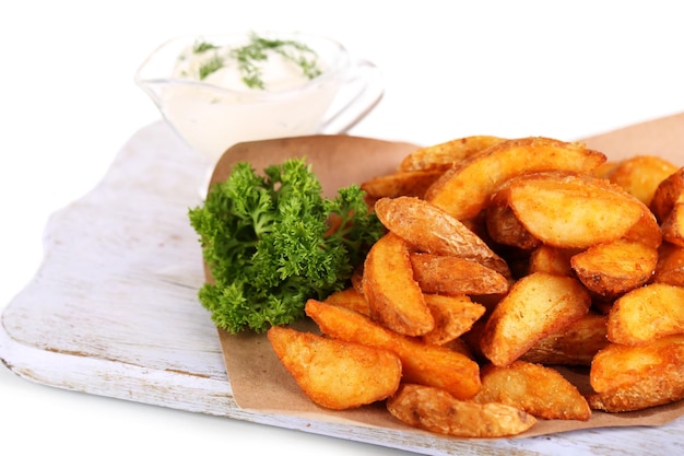 Patatas caseras en papel de calco sobre tablero de madera aislado en blanco