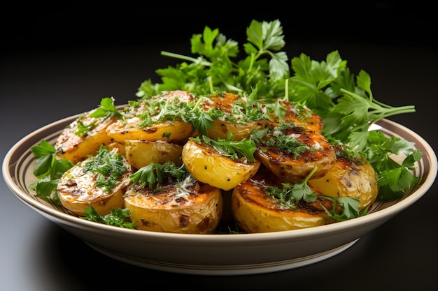 patatas cocidas y perejil en un plato blanco