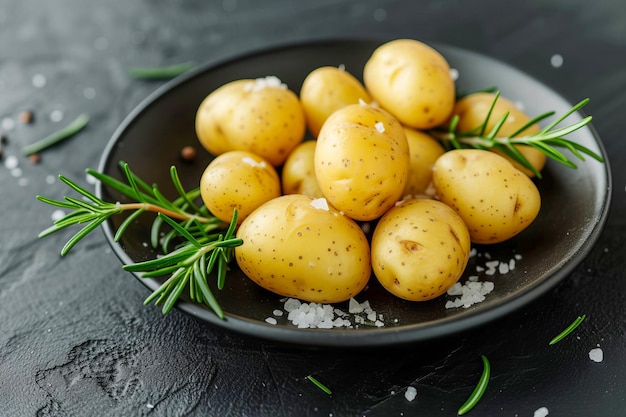 Patatas cocidas con romero y sal marina en un plato negro generado por la IA