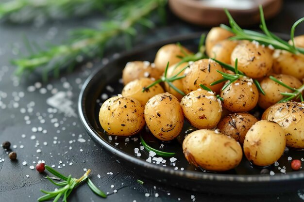 Patatas cocidas con romero y sal marina en un plato negro generado por la IA