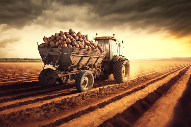 Patatas cosechadas en el suelo contra un fondo de campo