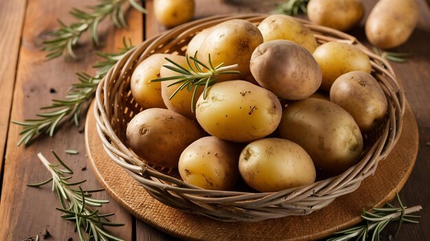 Foto patatas crudas en una canasta de mimbre tejida con hojas de romero natural en una superficie de mesa rústica de madera