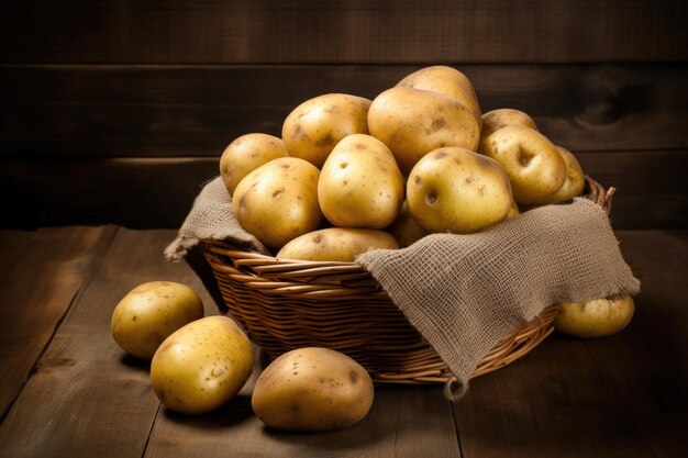 Patatas crudas frescas en una canasta sobre una tabla de roble rústico