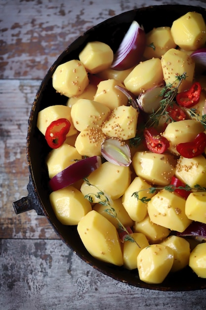 Foto patatas crudas en una sartén