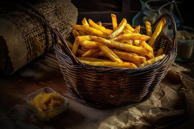 Patatas doradas suculentas en una canasta de mimbre generativa IA