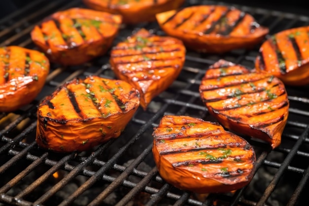 Patatas dulces asadas en una parrilla de carbón