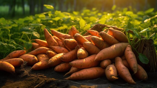 Patatas dulces recién cosechadas en el campo