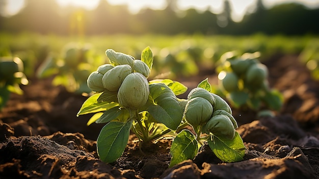 Patatas ecológicas que crecen en el campo al atardecer Concepto agrícola