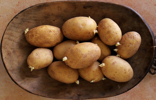 Patatas em close-up em recipiente sobre a mesa