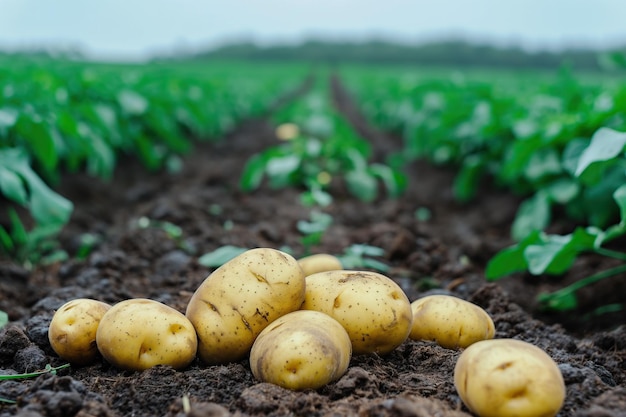 Patatas frescas en el campo Concepto de la cosecha