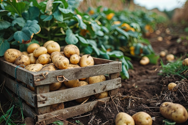 Patatas frescas orgánicas naturales en una caja de madera con fondo archivado