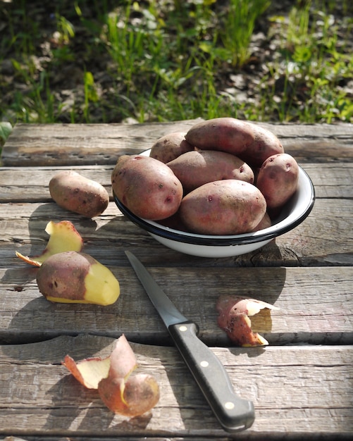 Patatas frescas en un plato en una mesa de madera en la naturaleza