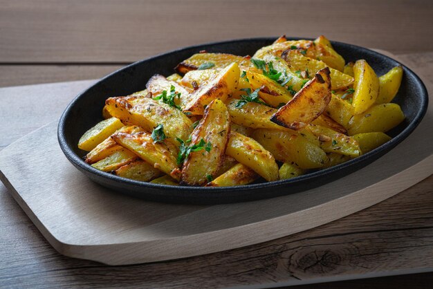 Patatas fritas al estilo rural con especias en una sartén rústica sobre una mesa de madera vista cercana espacio de copia