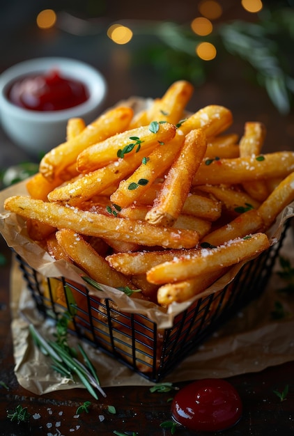 Patatas fritas en una canasta en una mesa de madera