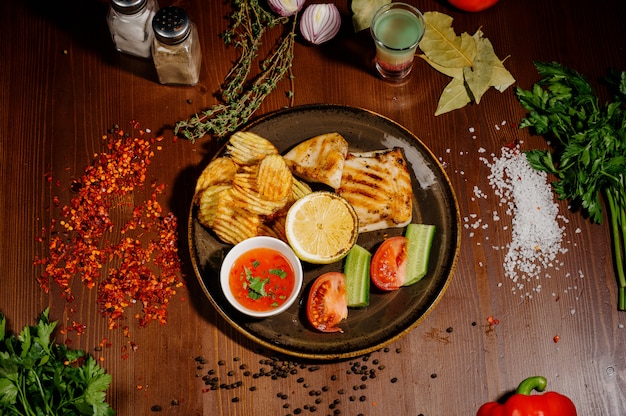 Patatas fritas con carne en un plato sobre una mesa de madera. Vista superior