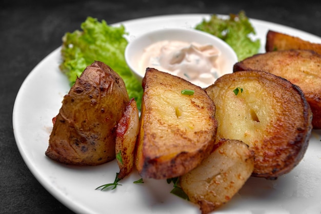 Patatas fritas caseras con salsa sobre un fondo oscuro