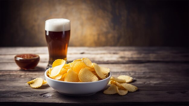 Patatas fritas y cerveza de raíz en una mesa de madera con IA generativa de fondo oscuro borroso