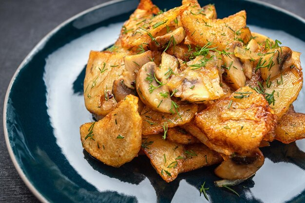 Patatas fritas con champiñones y hierbas en un plato