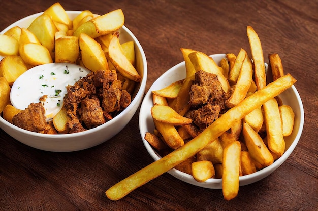 Patatas fritas con costra dorada y salchichas de carne con mayonesa en un bol ilustración 3d