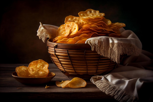 Patatas fritas crujientes en un cuenco de mimbre