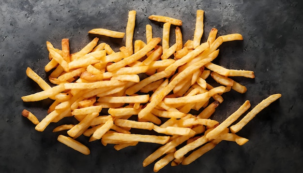 Patatas fritas crujientes en una deliciosa perfección sobre un fondo de hormigón oscuro