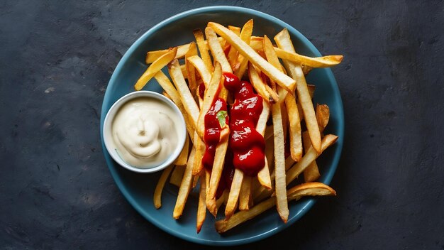 Patatas fritas crujientes con ketchup y mayonesa