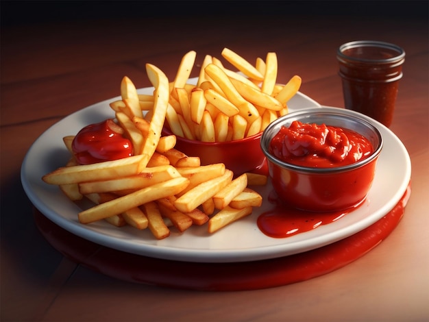 Patatas fritas crujientes con ketchup y salsa