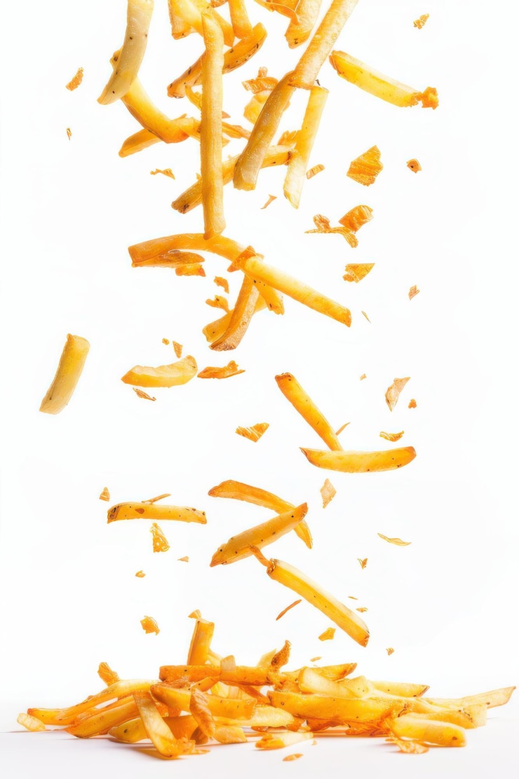 Patatas fritas crujientes que caen en el aire sobre un fondo blanco mostrando su color dorado y textura crujiente