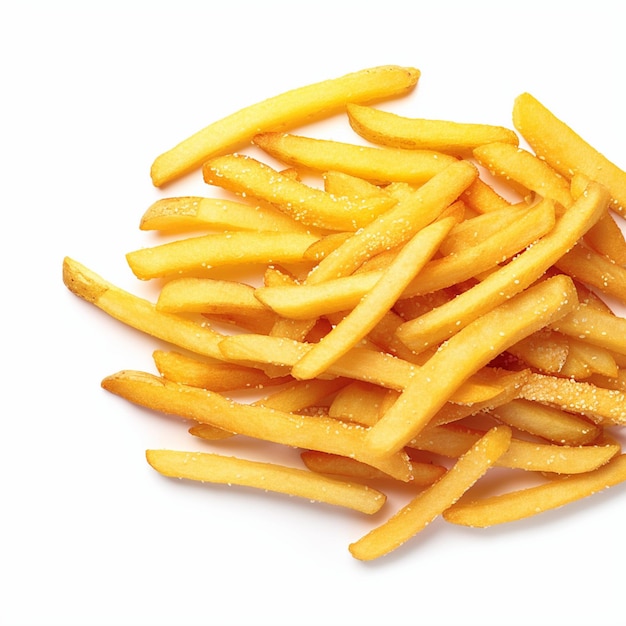 Patatas fritas doradas exhibidas en un telón de fondo blanco prístino para las redes sociales