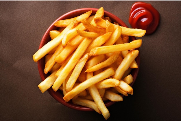 Patatas fritas doradas con ketchup y perejil sobre fondo oscuro