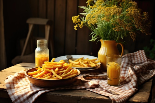 Patatas fritas doradas en una mesa de madera rústica