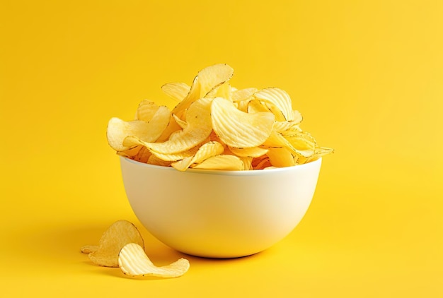 Foto patatas fritas con estrías en un tazón de cerámica blanca sobre fondo amarillo