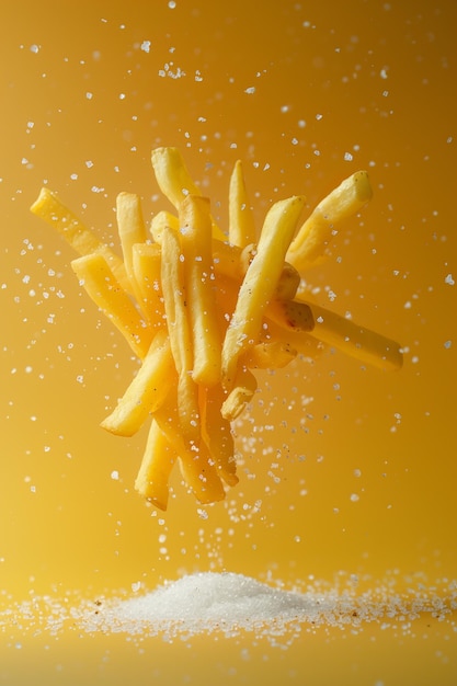 Foto patatas fritas fritas volando comida rápida voladora