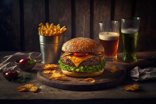 Patatas fritas y hamburguesa en una mesa de madera