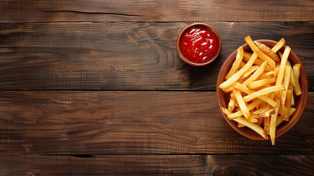 Patatas fritas con ketchup sobre un fondo de madera