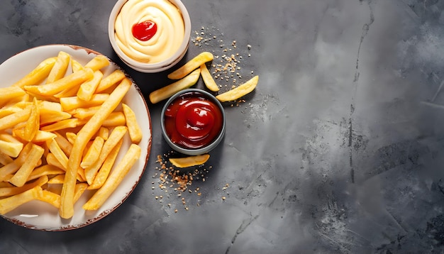 Patatas fritas con ketchup sobre un fondo de mármol