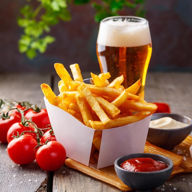 Foto patatas fritas con ketchup y tomates con un vaso de cerveza