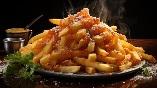 patatas fritas en una mesa de madera sobre un fondo negro con luz cinematográfica