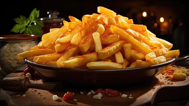 patatas fritas en una mesa de madera sobre un fondo negro con luz cinematográfica