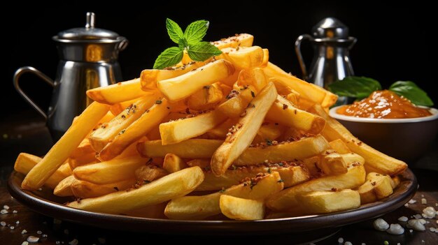 patatas fritas en una mesa de madera sobre un fondo negro con luz cinematográfica