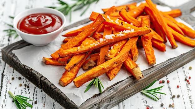 Patatas fritas de naranja dulce hechas en casa con ketchup y pimienta salada en una tabla de madera blanca