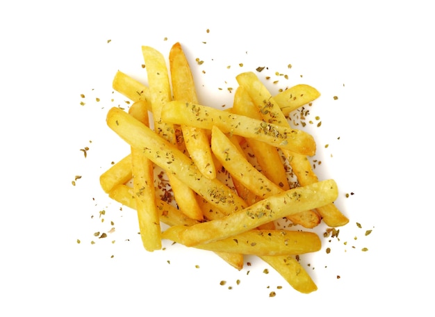 Foto patatas fritas o papas fritas sobre fondo blanco aislado