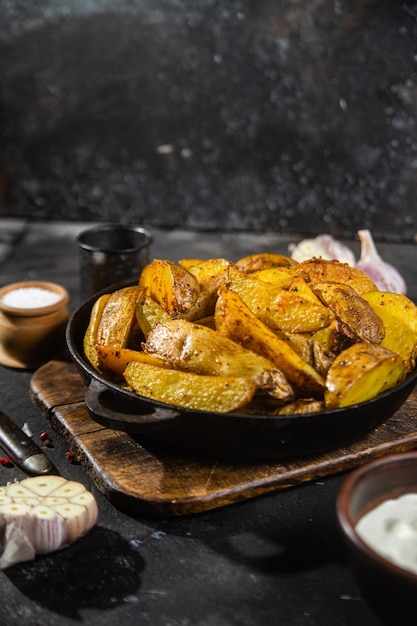 Foto patatas fritas patata rústica con ajo y especias