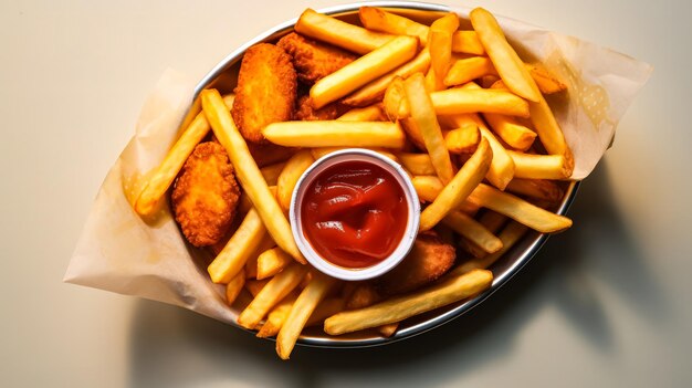 Foto patatas fritas, pepitas de oro y ketchup se unen en un fondo vibrante