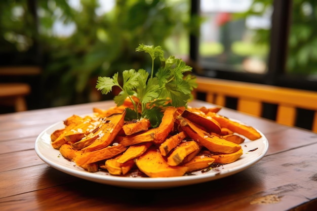 Patatas fritas en el plato en un café de estilo botánico