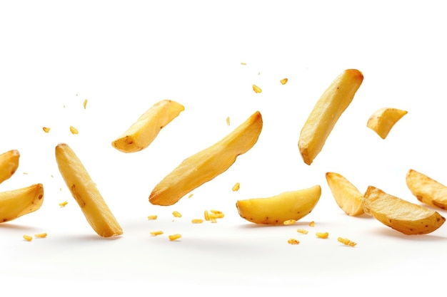 Foto patatas fritas que caen aisladas sobre un fondo blanco