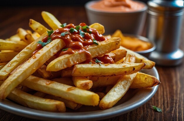 Foto patatas fritas que se sirven con un lado de ch picante