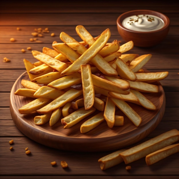 Foto patatas fritas recién cocinadas en un plato de madera