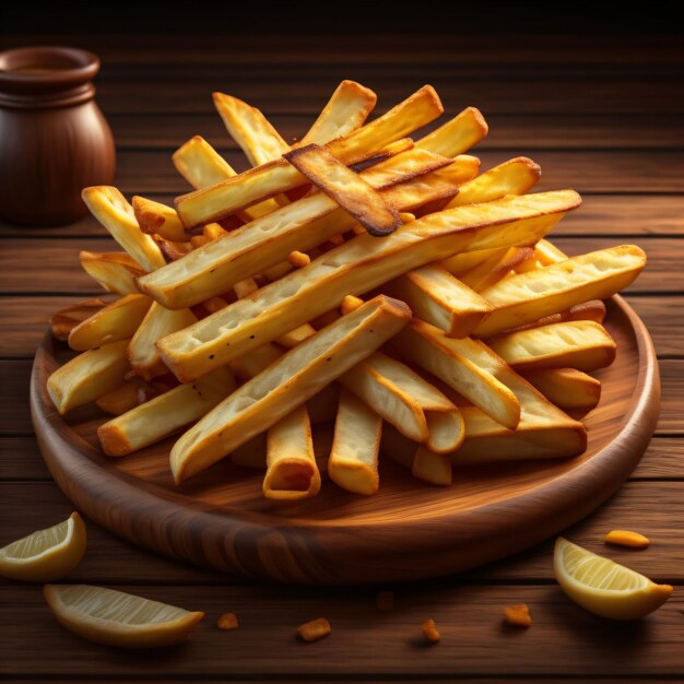 Foto patatas fritas recién cocinadas en un plato de madera