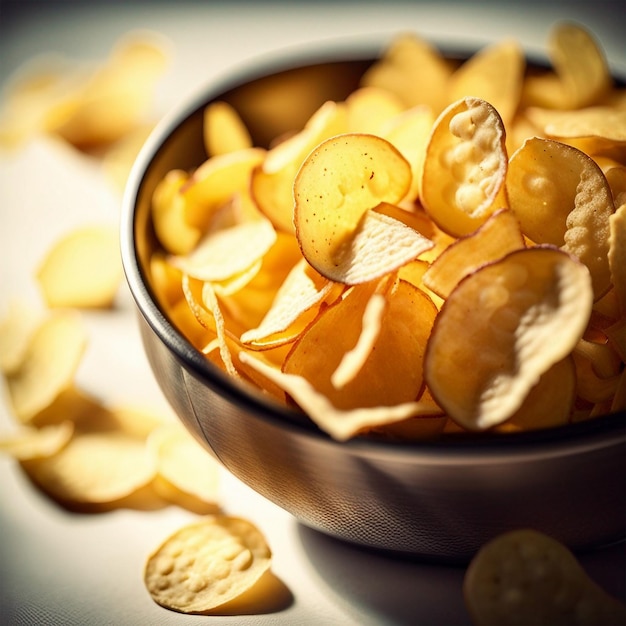 Patatas fritas en recipiente de vidrio aislado en blanco